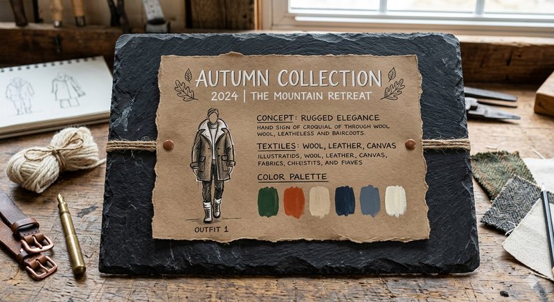 Slate plaque featuring "Autumn Collection 2024 The Mountain Retreat" with an outfit sketch and co...