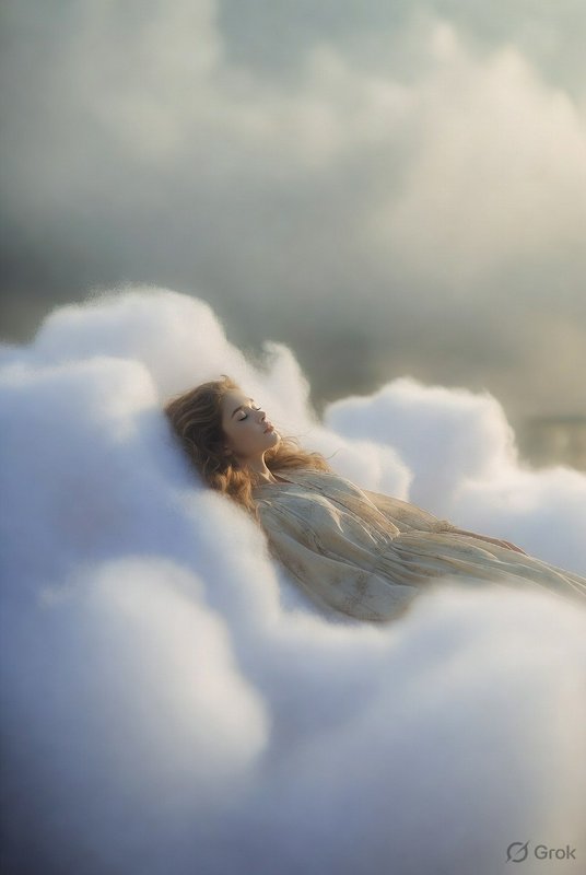 Woman lying on fluffy white clouds in a dreamlike, ethereal landscape.