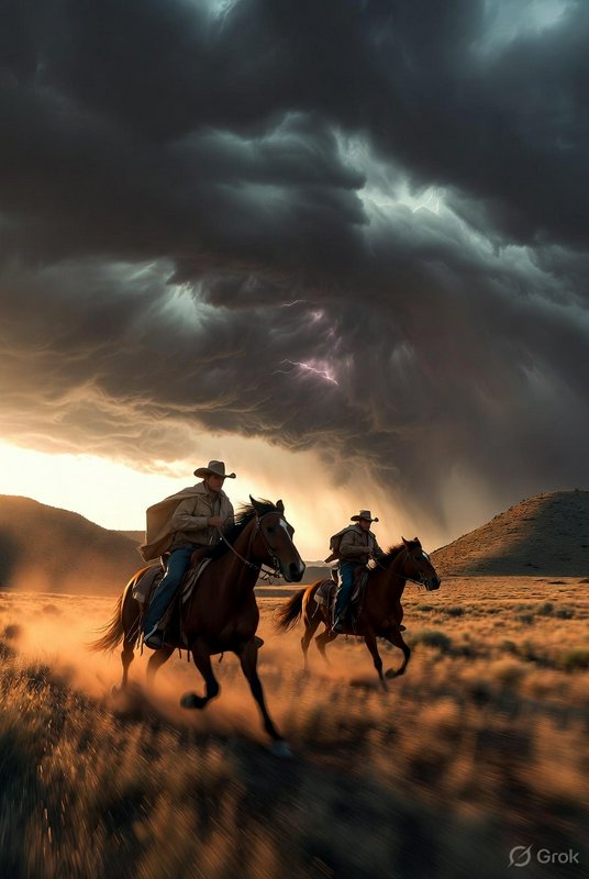 Two cowboys ride horses across a dusty desert under a dramatic stormy sky with lightning.