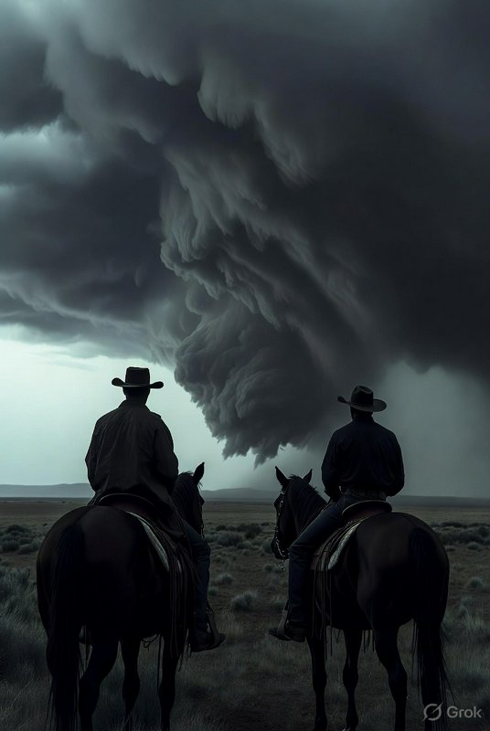 Two riders on horseback face a massive tornado-forming storm on a desolate plains landscape