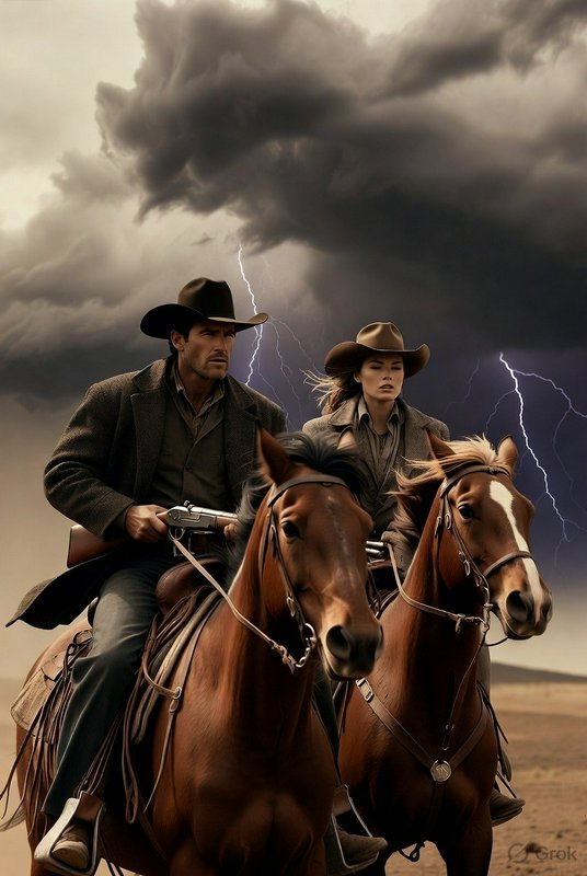 Two cowboys on horseback ride under a stormy sky with lightning in the background.