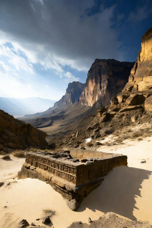 Ancient stone terrace ruin in a desert canyon with towering sandstone cliffs and sandy foreground.