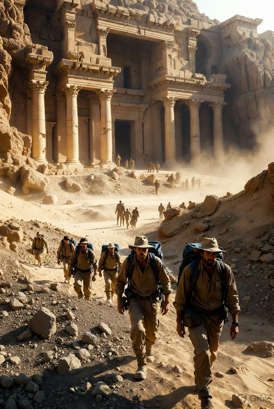 A group of explorers trekking toward a carved rock temple with columns in a sandy desert canyon.