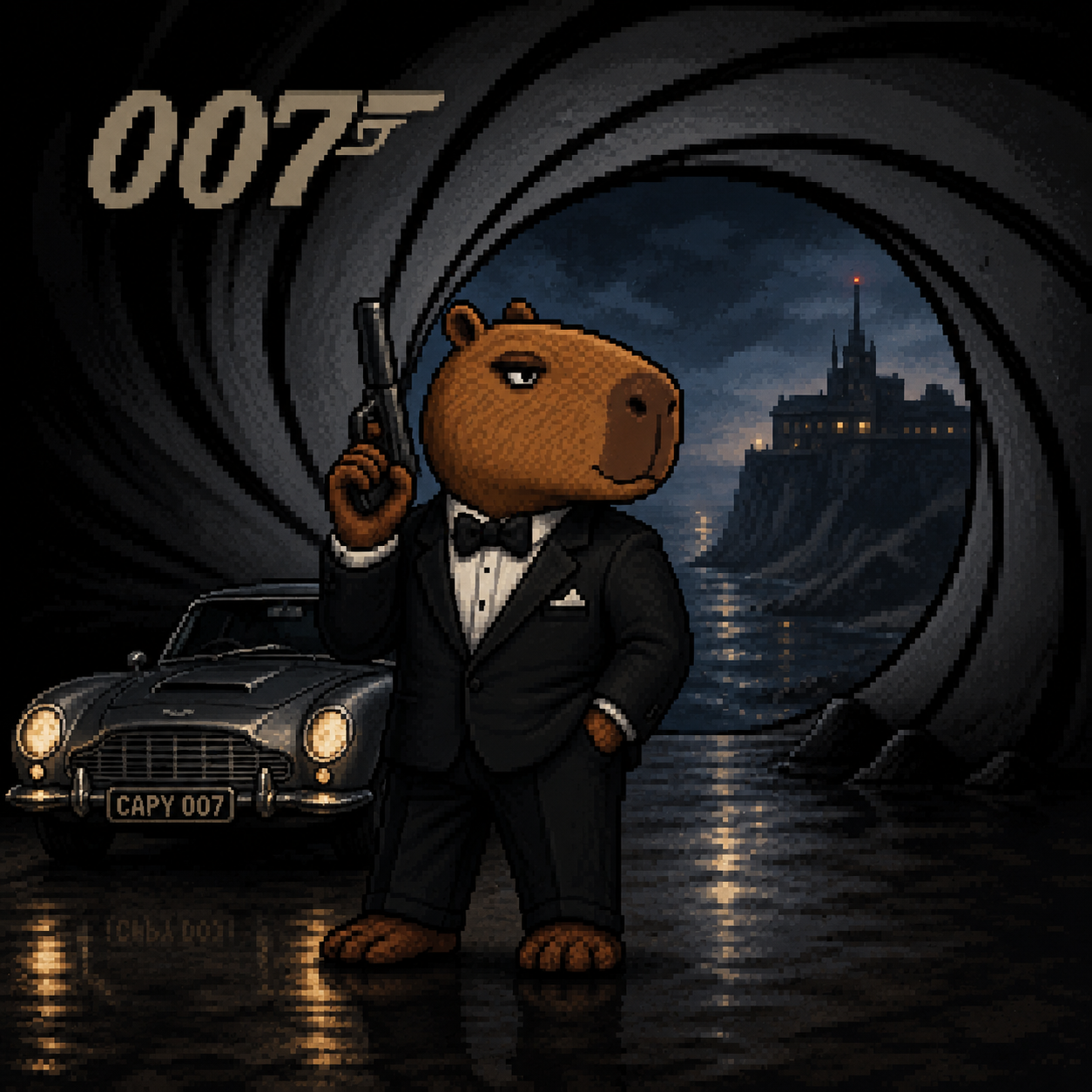Animated hippo in a tuxedo holding a pistol beside a vintage car in a Bond-style tunnel