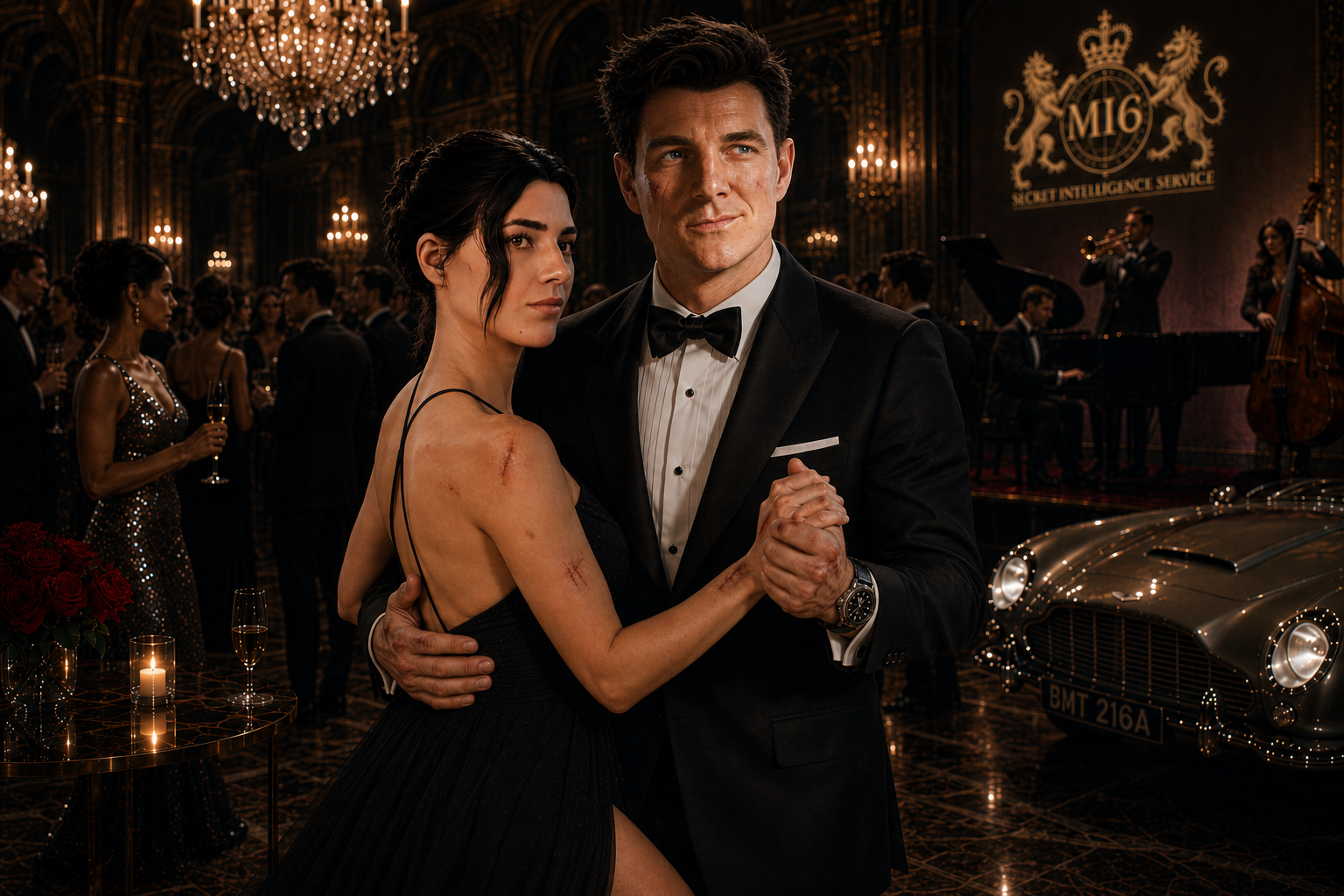 Stylish couple dances at a glamorous, chandelier-lit gala with a vintage car in the background