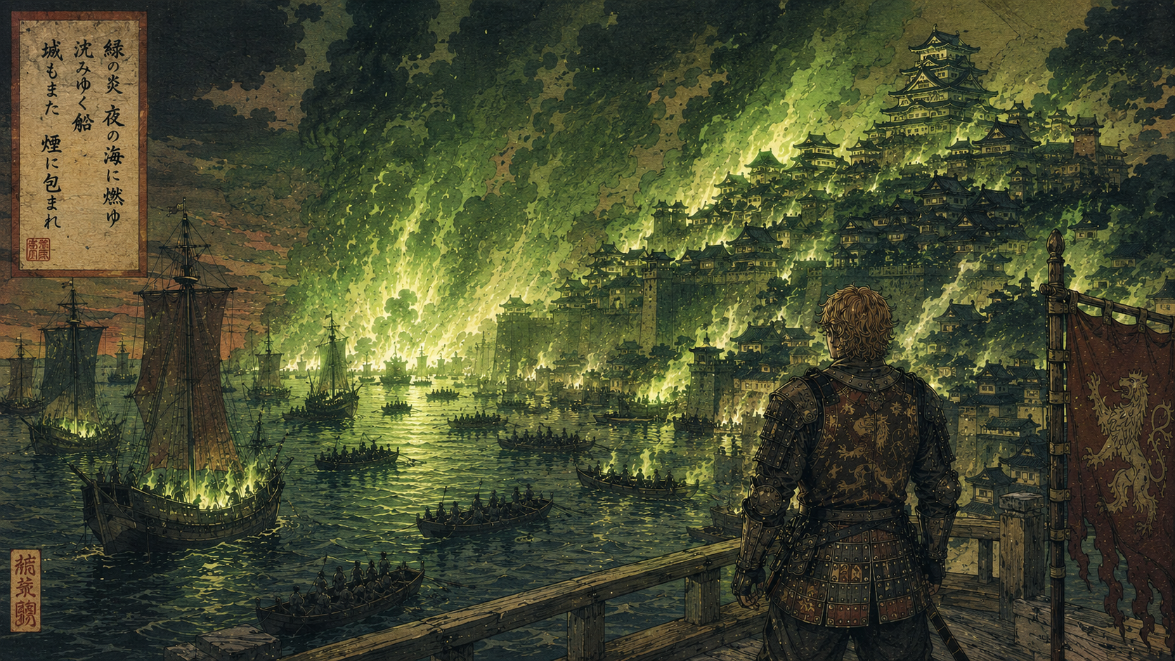 Medieval warrior on a pier watches a harbor ablaze with green flames and a towering Japanese castle.