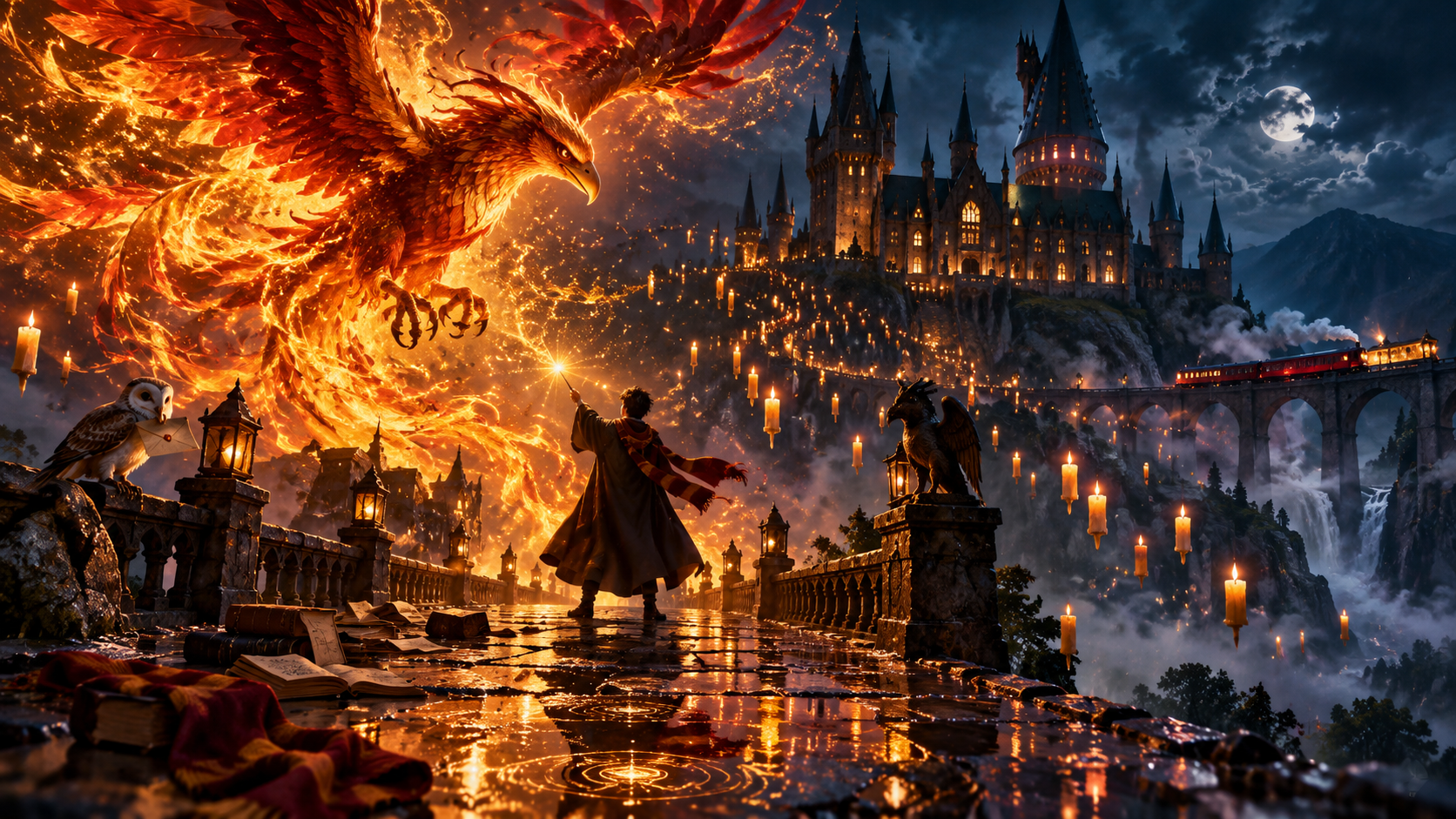 Young robed wizard summoning a glowing fiery phoenix before an illuminated wizarding castle on a moonlit night