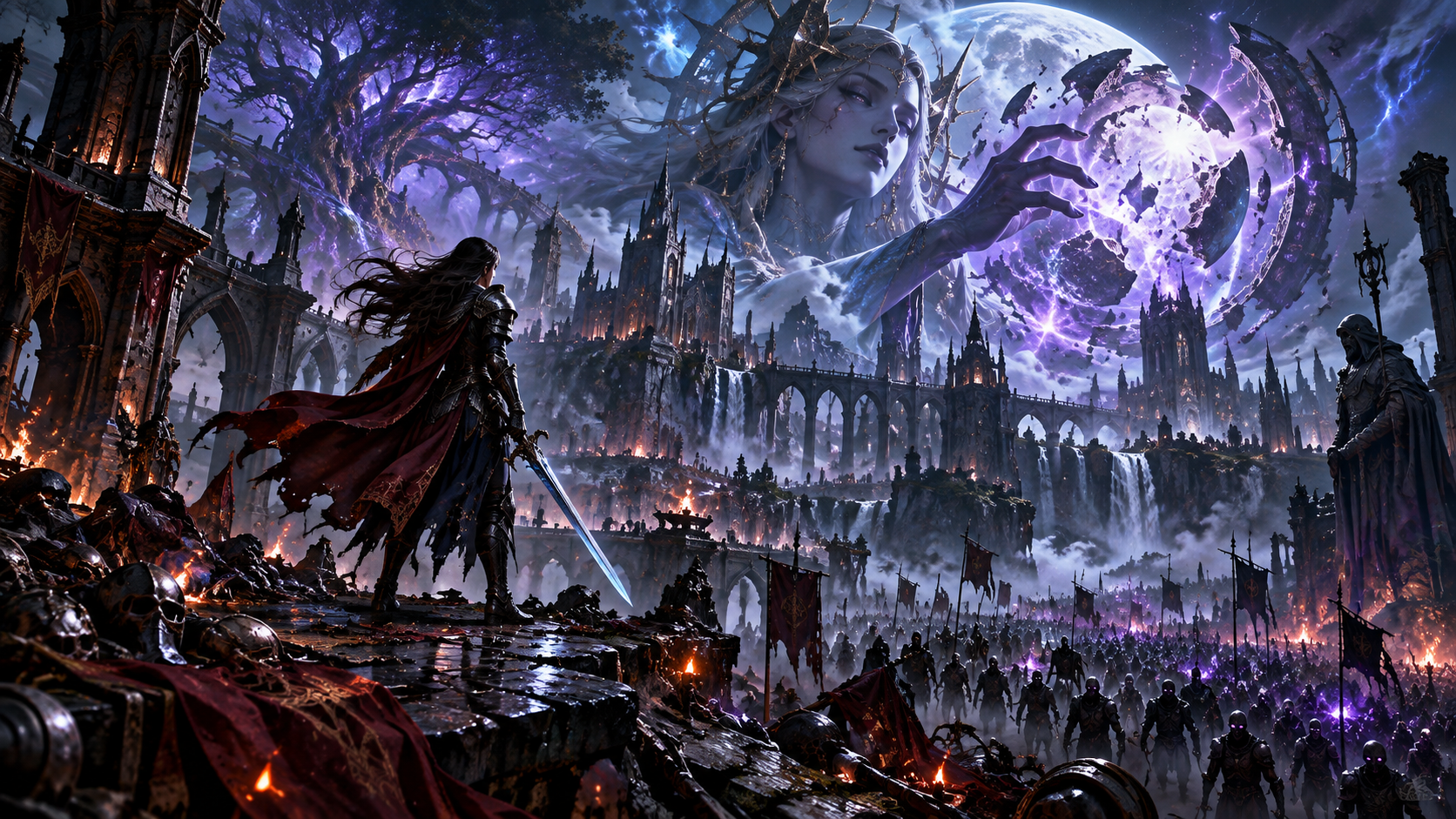 Lone armored knight stands on a battlefield facing a giant ethereal sorceress summoning purple magic above a fantasy castle