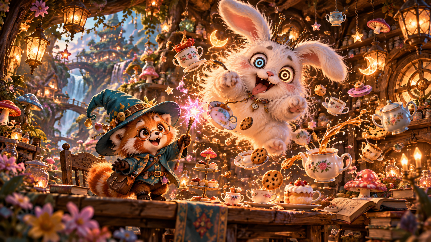 Red panda wizard casts magic as a fluffy white rabbit levitates dishes at an enchanted fairy tale tea party