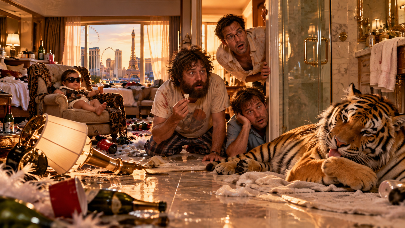 Hangover movie cast stare at a relaxed tiger inside a trashed Las Vegas hotel penthouse