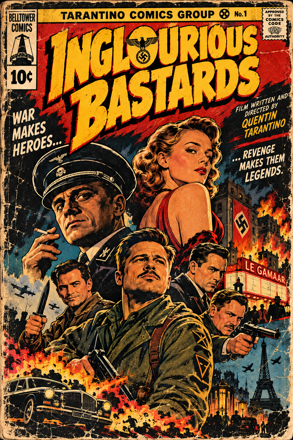 Retro distressed vintage comic book cover for Quentin Tarantino's Inglourious Basterds featuring core film cast and WWII