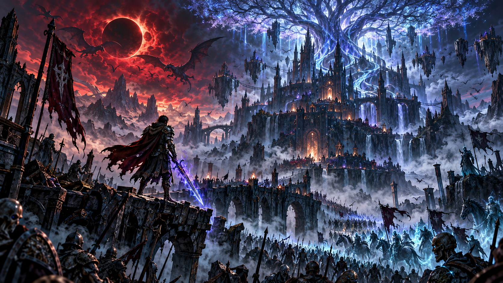 Armored knight stands above a massive fantasy army facing a glowing castle under a red solar eclipse