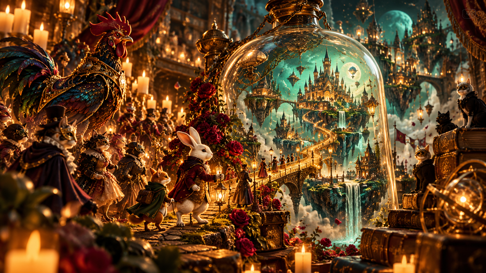 Elegant anthropomorphic animal guests gather around a giant glass dome holding a magical floating castle realm