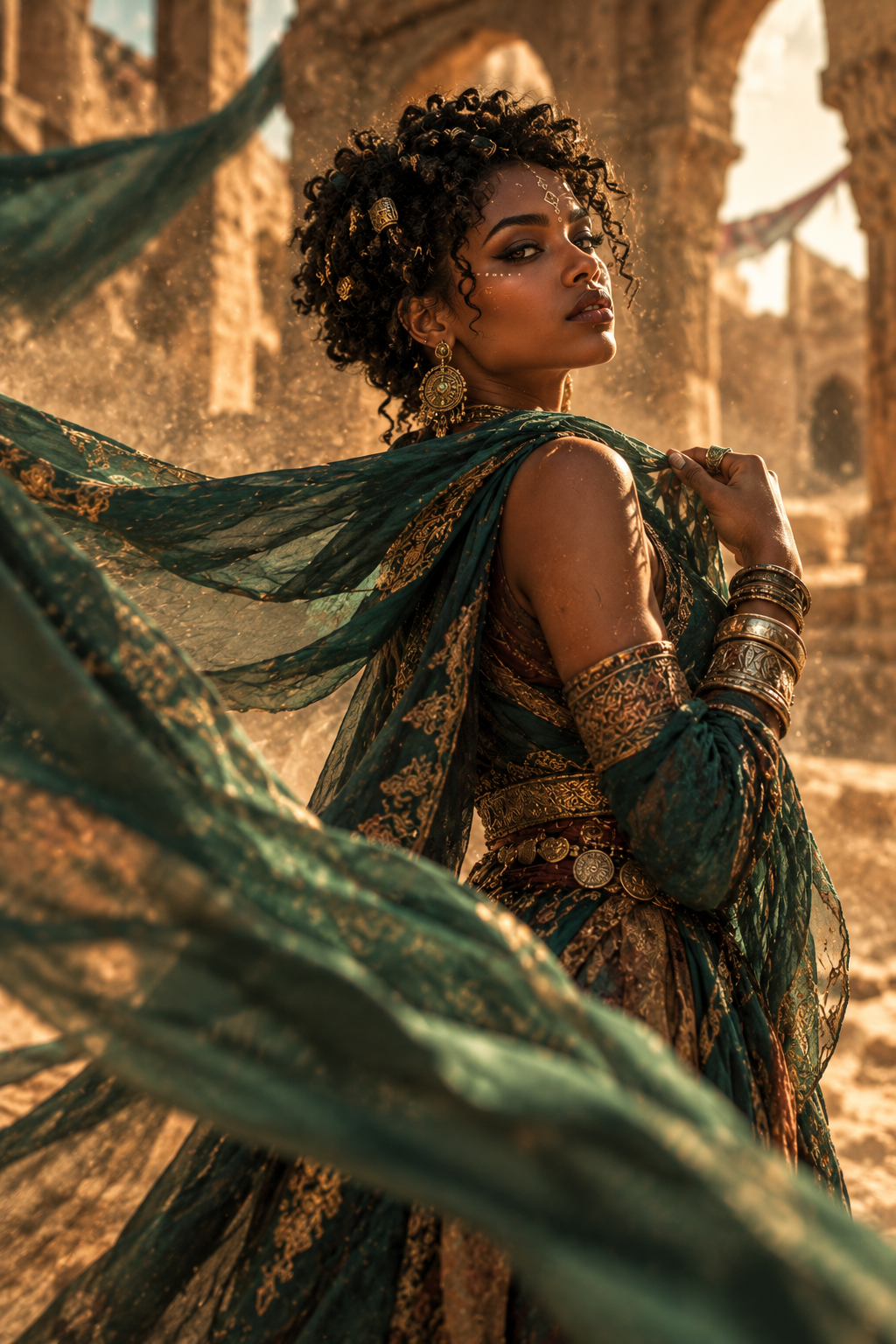 Regal woman in ornate emerald and gold attire stands amid sunlit ancient desert ruins with billowing fabric