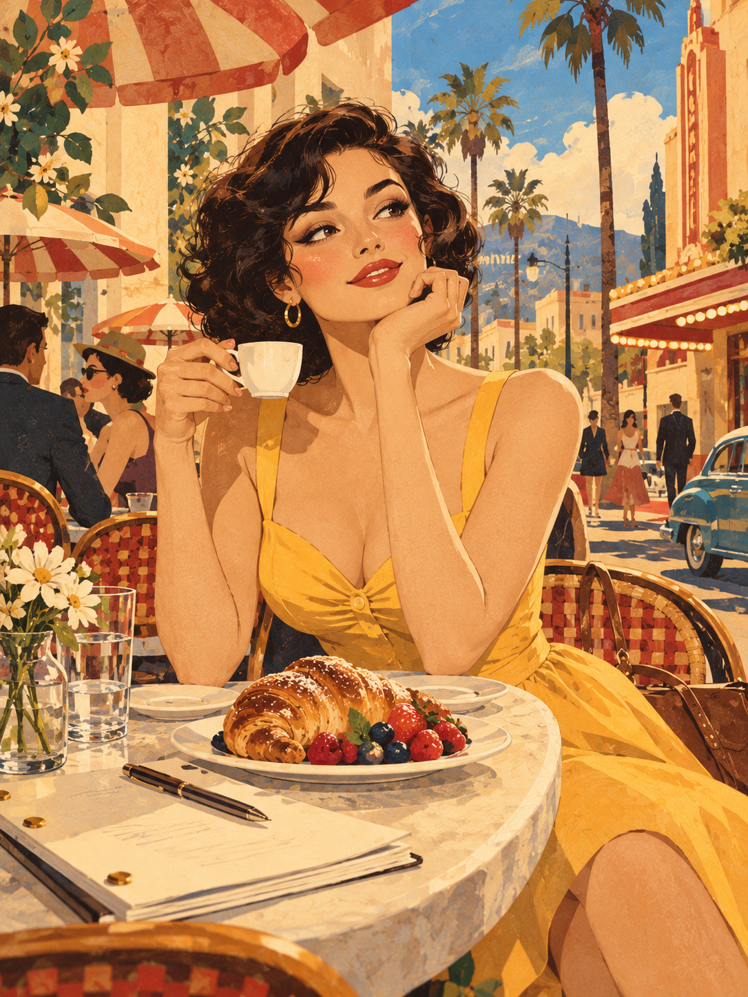 Glamorous woman in a yellow dress holds a coffee cup at a sunny retro sidewalk cafe table