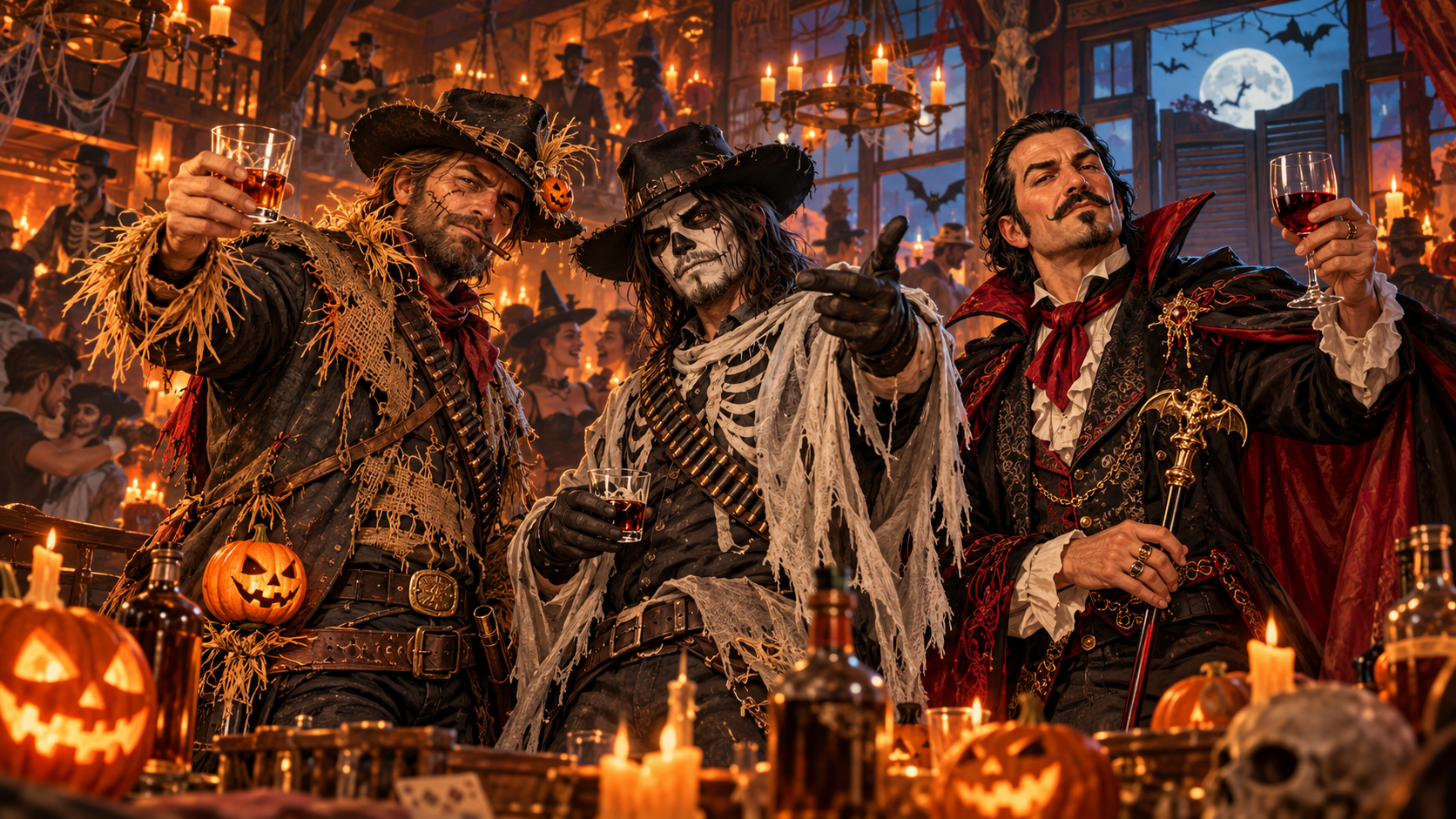 Three costumed men toast drinks at a lively Wild West Halloween saloon party.