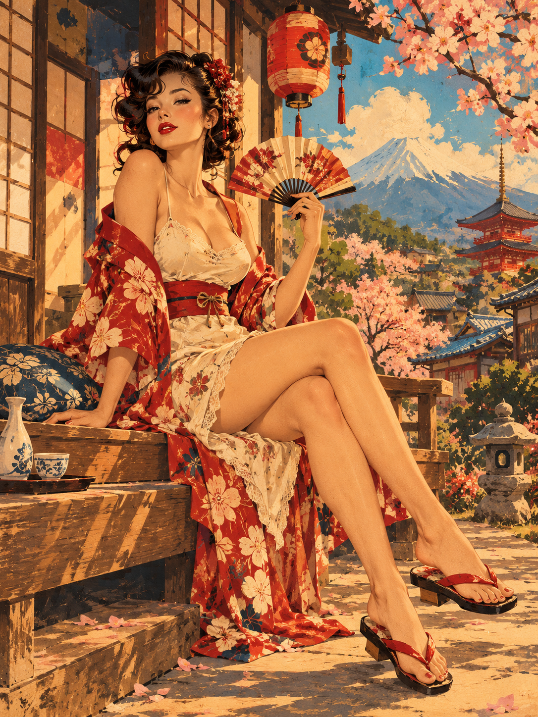 Glamorous woman holding a folding fan sits on a Japanese veranda with Mount Fuji and cherry blossoms behind her