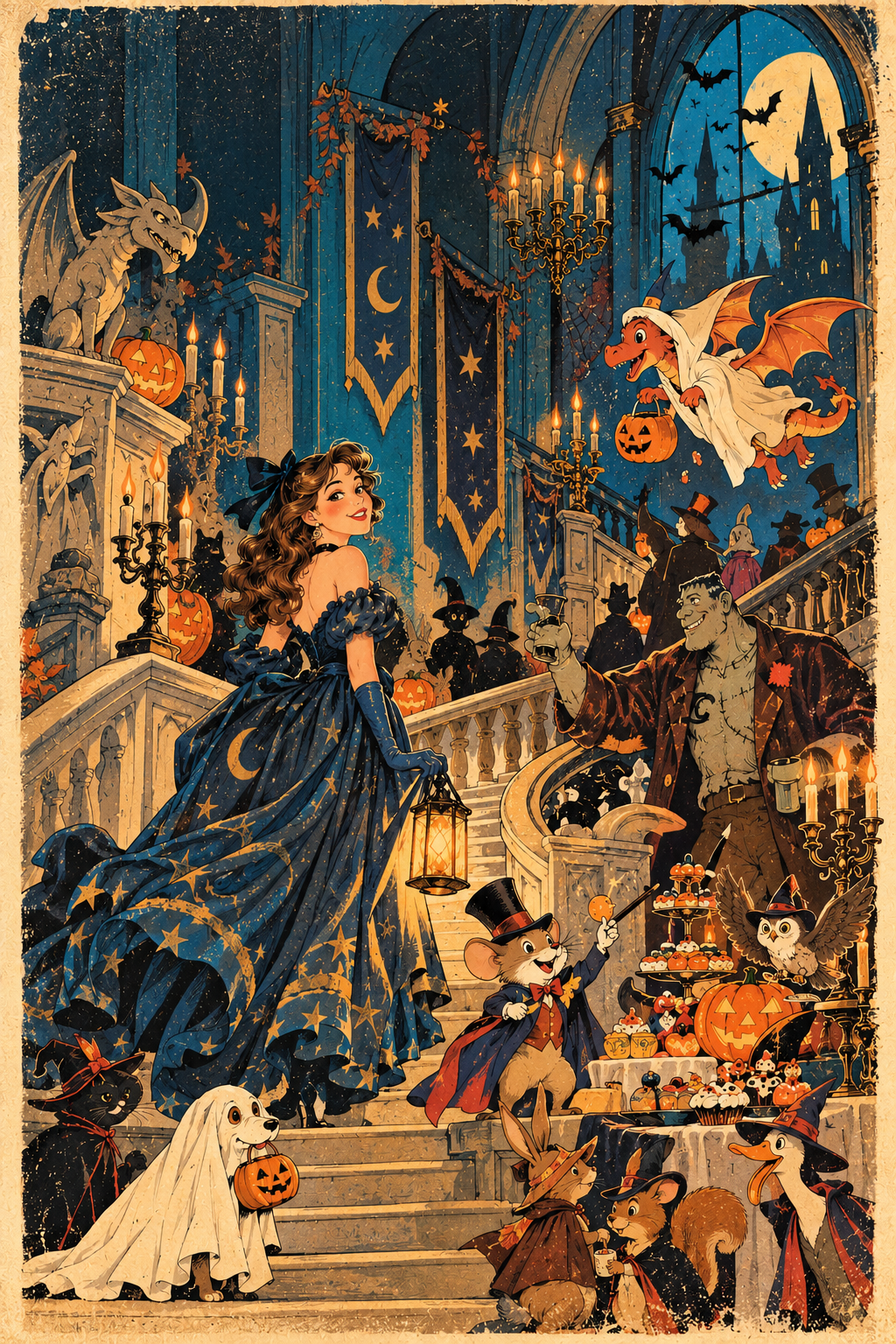 Whimsical vintage illustration of a festive Halloween costume party held on a grand gothic castle staircase