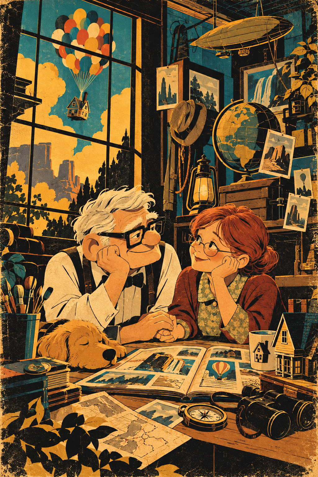 Elderly cartoon couple hold hands at a travel desk, the iconic Up balloon house floating outside their window