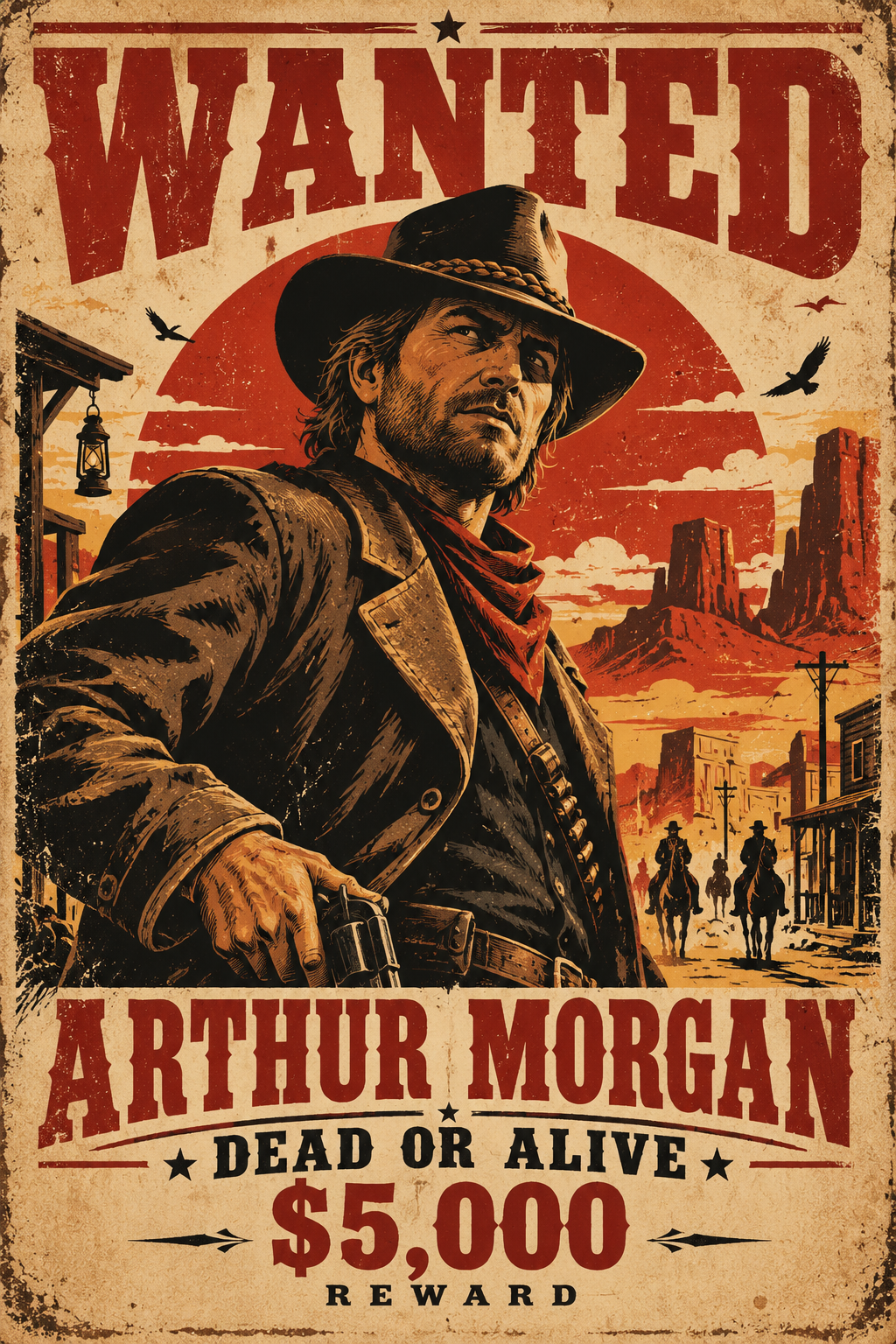 Distressed vintage wild west wanted poster for outlaw Arthur Morgan set against a desert frontier backdrop