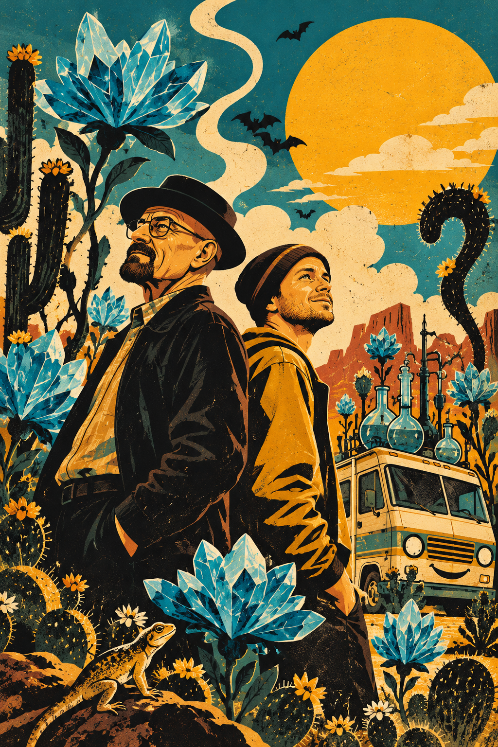 Surreal illustrated fan art of Walter White and Jesse Pinkman standing back to back in a fantasy desert landscape