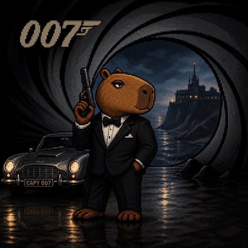 Animated hippo in a tuxedo holding a pistol beside a vintage car in a Bond-style tunnel
