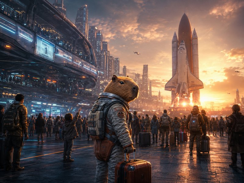 Anthropomorphic guinea pig in a spacesuit with luggage among travelers at a futuristic launch pad.