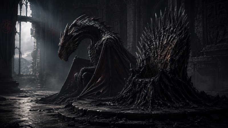 Two colossal black dragons curled inside a ruined Gothic hall, jagged scales glistening as moonli...
