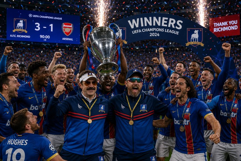 Football team in blue jerseys lifts the UEFA Champions League trophy amid confetti and a winners ...