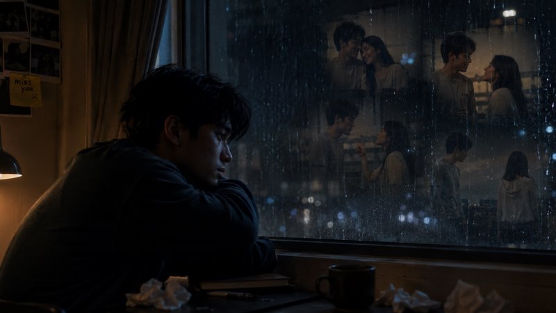 Young man sits at a desk by a rain-soaked window, lost in thought at night.