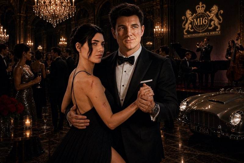 Stylish couple dances at a glamorous, chandelier-lit gala with a vintage car in the background