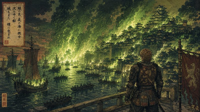 Medieval warrior on a pier watches a harbor ablaze with green flames and a towering Japanese castle.