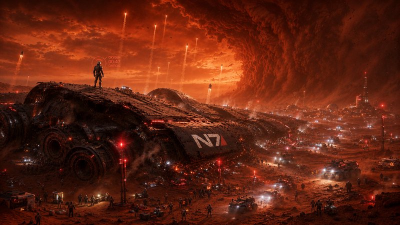 An astronaut stands atop a crashed Mass Effect N7 starship on a rust-red alien planet, as evacuat...