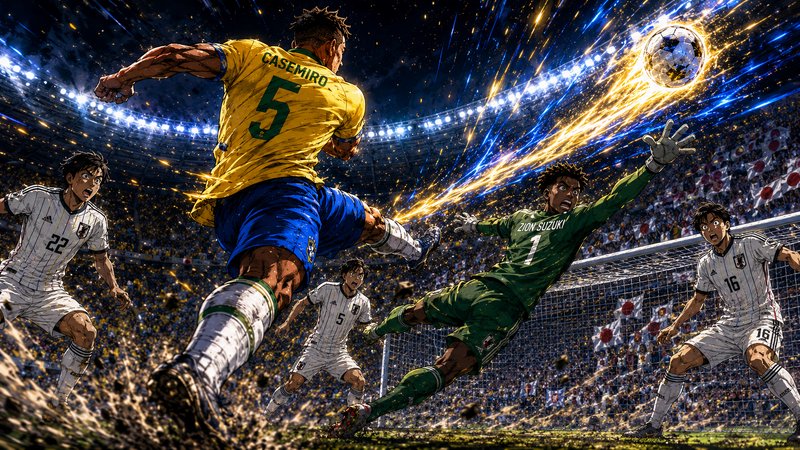 Anime-style soccer match, Brazil's Casemiro strikes a glowing ball past Japan's goalkeeper in a p...