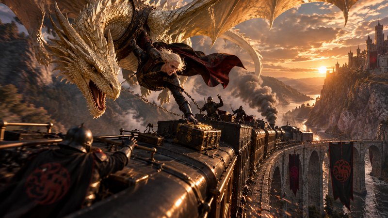 Blonde dragon rider and large golden dragon raid a steam train crossing a stone viaduct at sunset...