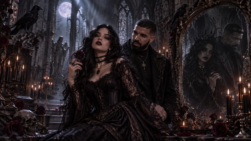 Gothic royal couple pose in a moonlit abandoned cathedral surrounded by candles, ravens and dark decor