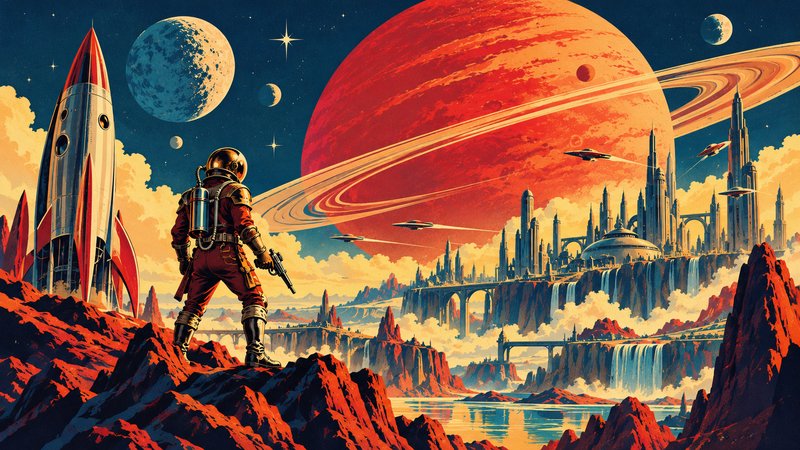 Retro sci-fi astronaut stands on an alien planet overlooking a futuristic city under a ringed gas giant