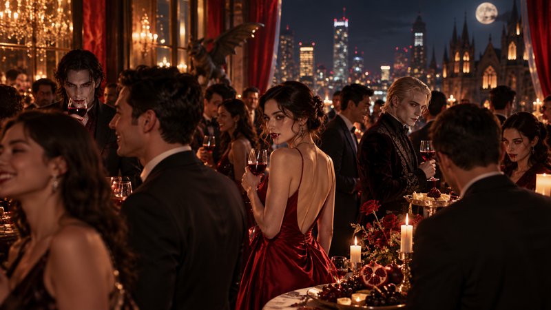 Elegant vampires in formal attire gather at a lavish gothic ball overlooking a moonlit city skyline