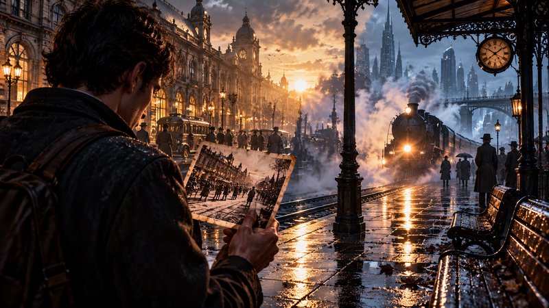Man holding a vintage photo watches a steam train arrive at a rainy Victorian train station at sunset