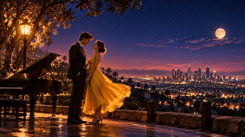 Romantic couple holding hands on a hilltop overlook beside a grand piano above a glowing city skyline at moonlit twilight