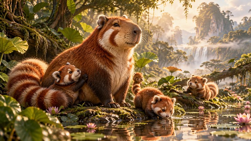 Fluffy capybara-red panda hybrid rests with red panda cubs on a mossy tropical jungle riverbank