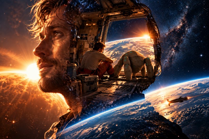 Double exposure composite of an astronaut gazing from a space station airlock above Earth at orbital sunrise