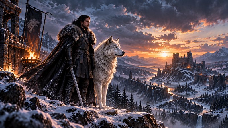 Northern warrior stands beside a large white direwolf atop a snowy fortress cliff at golden sunset