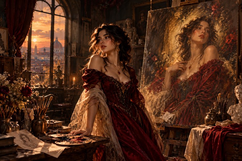 Woman in a deep red period gown stands beside her self-portrait in a sunlit Florence artist studio at sunset