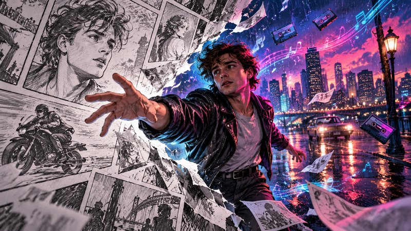 Young man reaching forward as hand-drawn comic panels tear open into a neon retro rainy cityscape