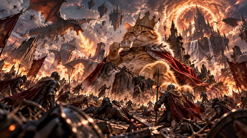 Giant crowned tabby cat king sips tea overlooking a fiery fantasy battlefield with attacking dragons