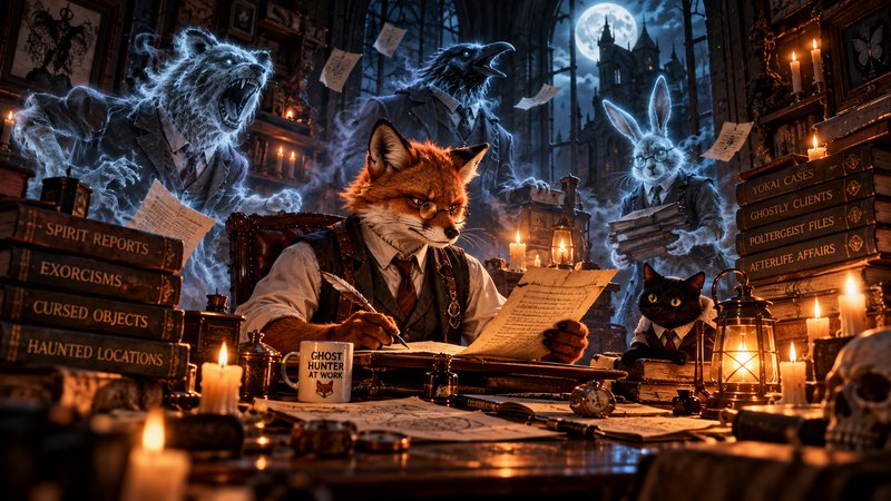Anthropomorphic fox ghost hunter works at a candlelit gothic desk surrounded by ethereal animal spirit clients