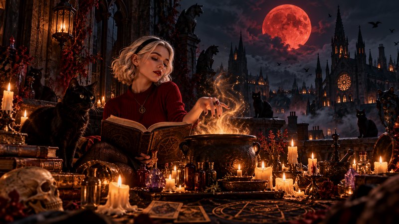 Young witch casting magic over a glowing cauldron, surrounded by black cats under a blood red full moon