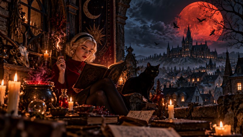 Young witch reads a spellbook beside her black cat on a castle balcony under a glowing red blood ...