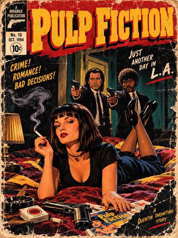 Retro pulp comic cover for Pulp Fiction featuring Mia Wallace, Vincent Vega, and Jules Winnfield